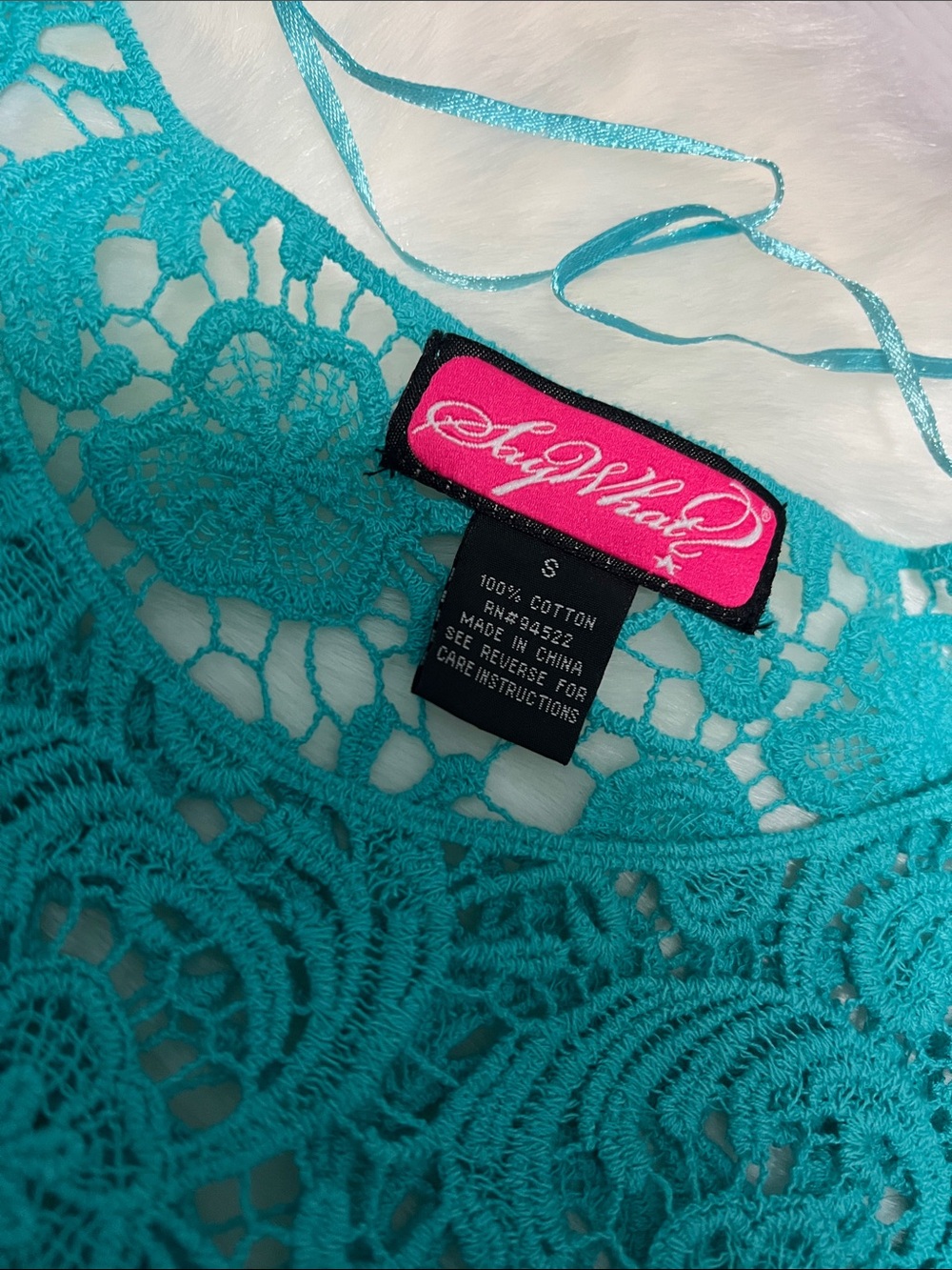Say What? 100% Cotton Turquoise Aqua Crochet Lace Top  Small - Picture 5 of 6